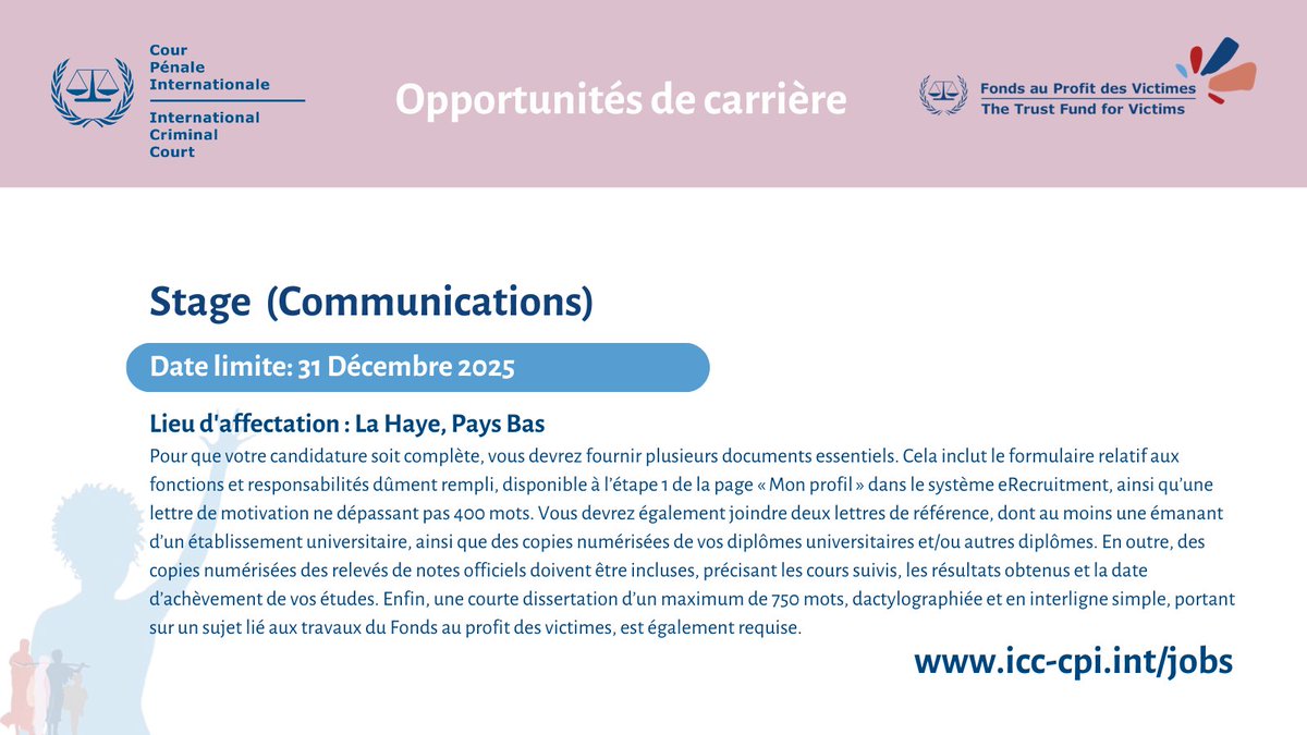 TFV_FPV's tweet image. 📢 Opportunity at the Trust Fund for Victims at the ICC!
🔔 Join our team in The Hague!
📍 Position: Intern (Communications)
🗓 Deadline for applications: 31 December 2025 (midnight, The Hague time)
ℹ For information and to apply, visit: icc-cpi.int/jobs