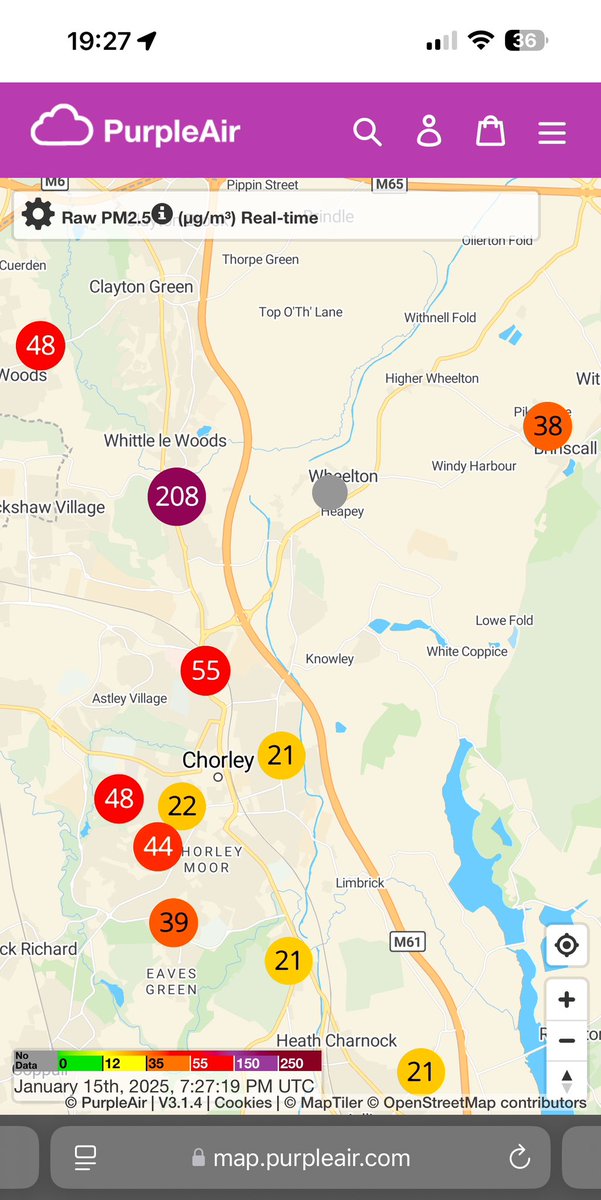 Can you spot the #health damaging PM2.5 #AirPollution hotspots created across #Chorley by solid fuel burning homes. 😷
#StopBurningStuff