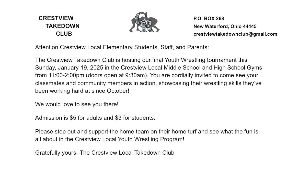 The Crestview Takedown Club will be hosting a youth wrestling tournament at Crestview High School and Middle School this weekend! Come out and support the future of Rebel wrestling! The action takes place on Sunday, January 19th starting at 11am! 

crestviewlocal.k12.oh.us/quicklinks/new…