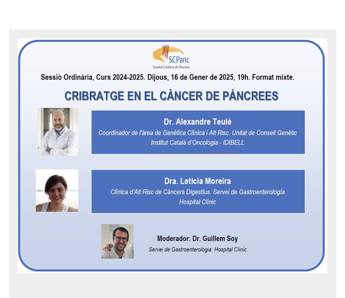SCPancrees (@scpancrees) on Twitter photo 📣 Segona sessió del curs 24-25 de la Societat Catalana de Pàncrees
'Cribratge de càncer de pàncrees' amb la participació del Dr. Alex Teulé i la Dra. <a href="/MoreiraR_Leti/">Leticia Moreira</a>
🗓️ 16/01/25
📍A l'Acadèmia de Ciències Mèdiques
👉 o en el link trkmail.academia.cat/?op=Action&ac=… 📣 Segona sessió del curs 24-25 de la Societat Catalana de Pàncrees
'Cribratge de càncer de pàncrees' amb la participació del Dr. Alex Teulé i la Dra. <a href="/MoreiraR_Leti/">Leticia Moreira</a>
🗓️ 16/01/25
📍A l'Acadèmia de Ciències Mèdiques
👉 o en el link trkmail.academia.cat/?op=Action&ac=…