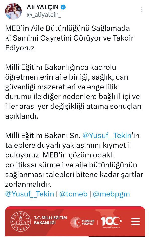 Aile birliği için zamanında verdiğiniz destekleri 2025 mazeret tayininde de bekliyoruz sayın <a href="/_aliyalcin_/">Ali YALÇIN</a> ❗️