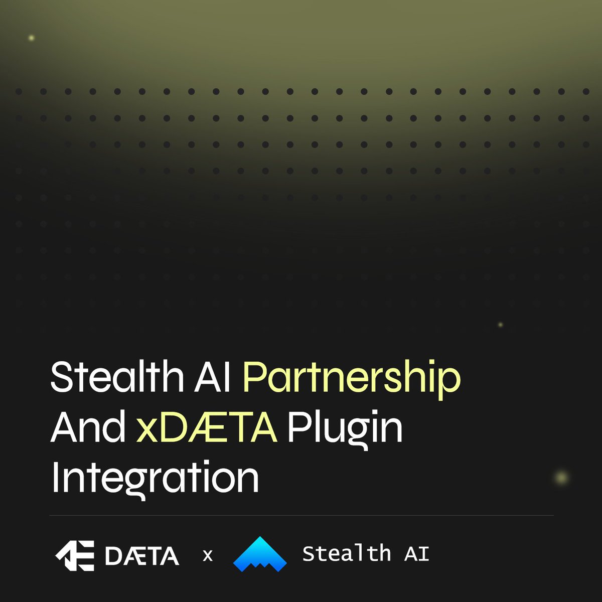 DaetaStorage's tweet image. We’re eager to announce our partnership with @StealthAI_eth, a platform dedicated to enhancing digital privacy through encrypted communication and decentralized identity management. 

StealthAI is exploring the use of xDÆTA to monetize X activity, aligning with our commitment to…