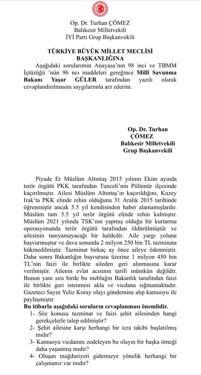 Milletvekilimiz Turhan Çömez'e teşekkür ediyor ve soru önergesine verilecek cevabı merakla bekliyoruz. <a href="/ComezTurhan/">Turhan Çömez</a>