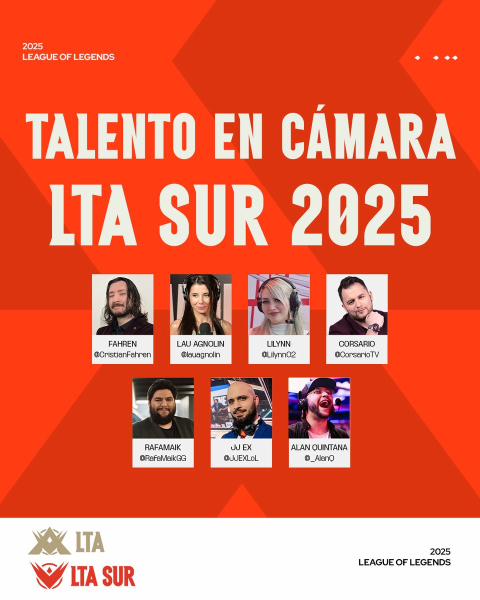 Ojito que ya tenemos Talento en Cámara 👀 Conoce al equipo que nos estará acompañando en las transmisiones de la #LTA Norte y Sur a partir del 25 de enero.

NORTE
<a href="/yeti_league/">Rodrigo del Castillo</a>
<a href="/LordJirall/">Daniel del Castillo</a>
<a href="/kalipsogamingla/">Kalipso</a>
<a href="/NachittusTW/">Nachittus⭐️⭐️⭐️</a>
<a href="/Bastian_Elmo/">Bastian Guzman</a>
<a href="/sosocaster/">Sofia'SOSO'Galindo #Worlds2025</a>
<a href="/abdiel_tyrone/">Abdiel T.</a>

SUR
<a href="/CristianFahren/">Cristian 'Fahren' Franco</a>