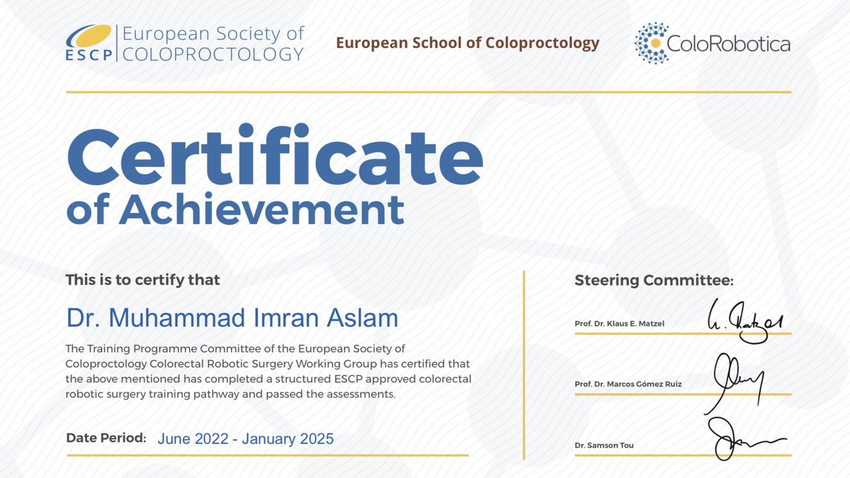 Imran Aslam (@mia_imran_aslam) on Twitter photo Another milestone achieved.
Thank you <a href="/escp_tweets/">European Society of Coloproctology</a> for your excellent Colorobotica training programme and certification process. Another milestone achieved.
Thank you <a href="/escp_tweets/">European Society of Coloproctology</a> for your excellent Colorobotica training programme and certification process.