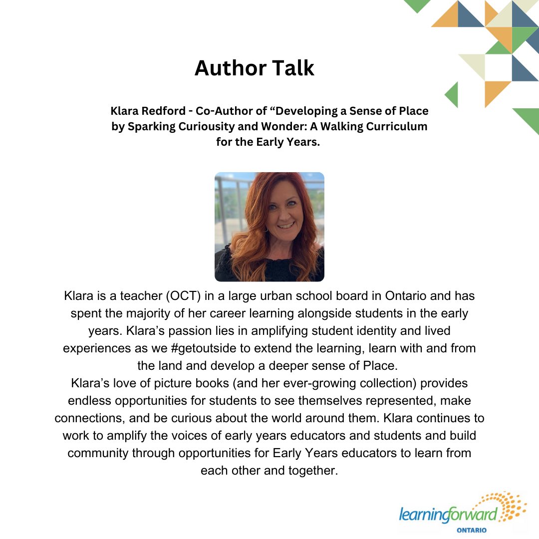 Author, Teacher, Early Years advocate Klara Redford will be joining our conference to highlight the book she has co-authored - “Developing a Sense of Place by Sparking Curiosity and Wonder: A Walking Curriculum for the Early Years.” 

Register today:
bit.ly/LFOeyconferenc…