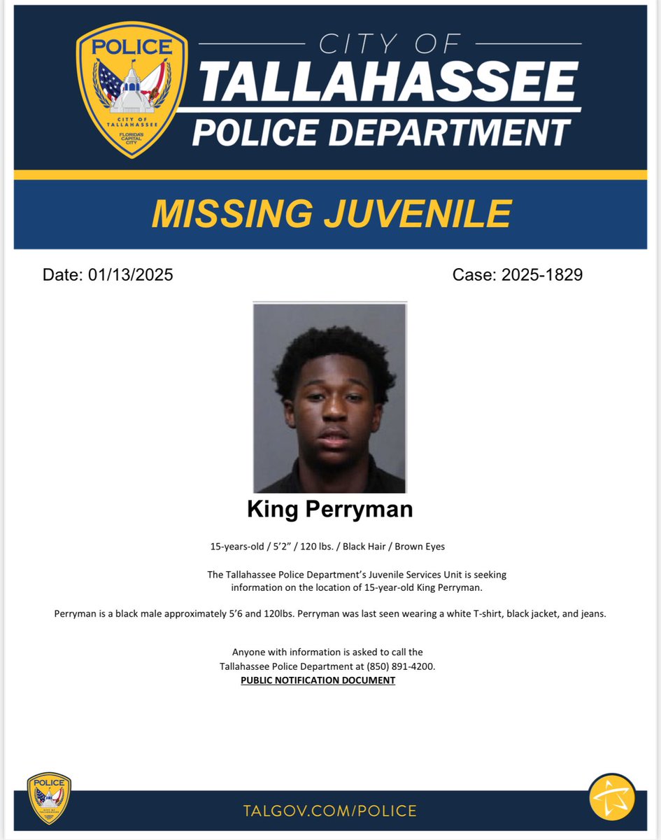 Please share to help locate this missing person. If you have information regarding King’s whereabouts, please call TPD at 850-891-4200.