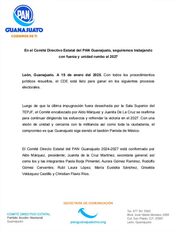 Comunicado PAN Guanajuato.

Con todos los procedimientos jurídicos resueltos, el CDE está listo para ganar en los siguientes procesos electorales.

#CuidamosDeTi