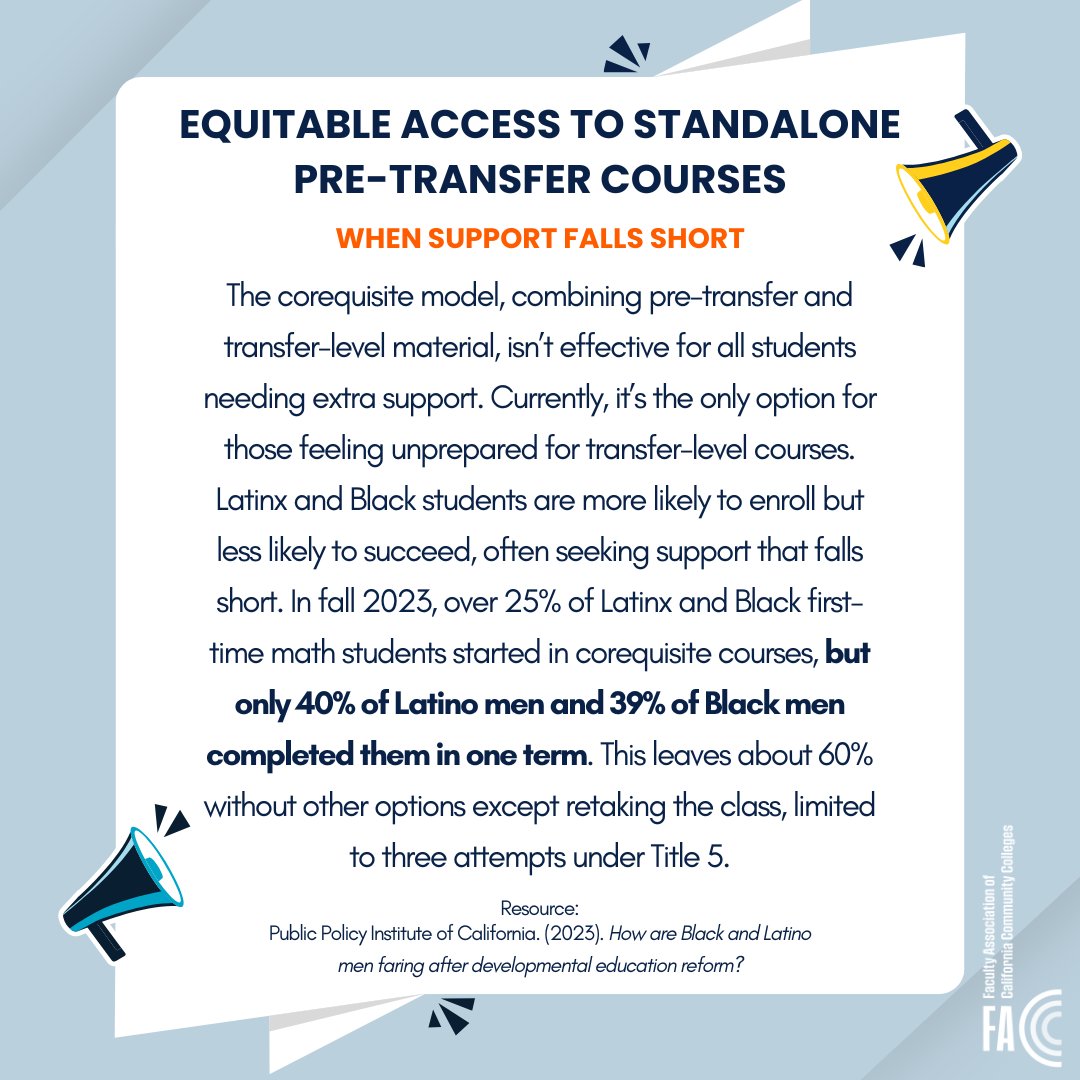 FACCC's tweet image. Corequisite courses aim to support students, but the accelerated pace and heavy workload aren’t effective for everyone. Latinx and Black students, who enroll in these courses at higher rates, face lower completion rates due to inadequate support. This system isn’t working—let’s…