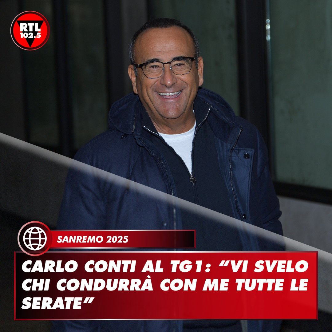 rtl1025's tweet photo. 🎶 #CarloConti al Tg1 ha annunciato i co-conduttori di #Sanremo2025. Nella prima serata condurrà da solo. Mercoledì sarà con B. Balti, Malgioglio e N. Frassica. Giovedì ci saranno K. Follesa, E. Lamborghini e M. Leone. Venerdì, G. Cucciari e Mahmood. Sabato Cattelan e A. Marcuzzi https://t.co/Jrn3zDhmVS