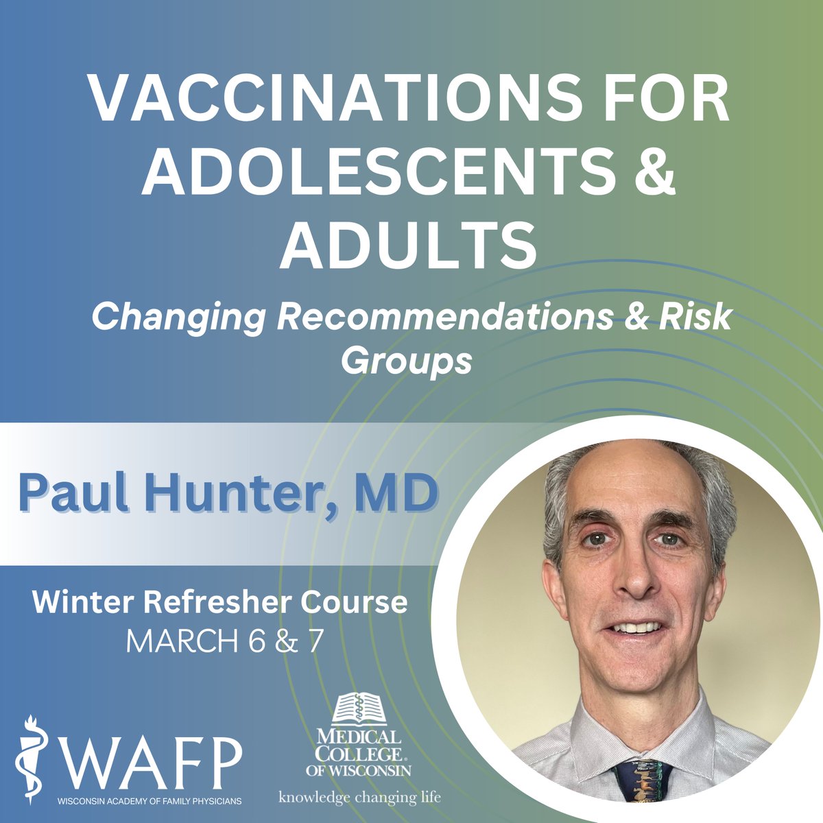 Dr. Paul Hunter will present "Vaccinations for Adolescents and Adults: Changing Recommendations and Risk Groups" at the 2025 Winter Refresher Course. Join us March 6-7 at the Trade Hotel in Milwaukee to explore cutting-edge updates in family medicine: wafp.org/upcoming-event…
