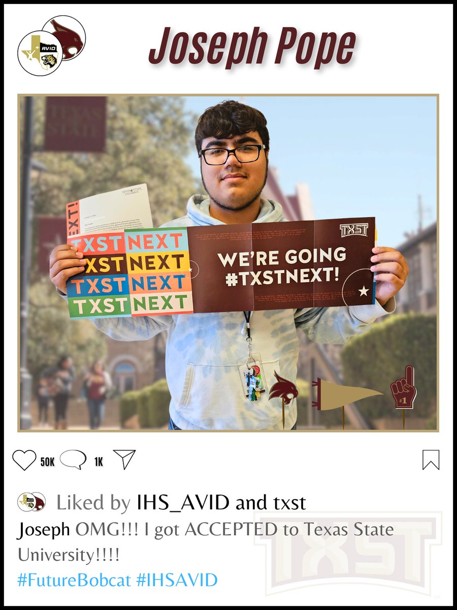 IHS_AVID's tweet photo. Congratulations to @IrvingHigh student, Joseph, on his acceptance to @HouChristianU @etamuniversity @SFASU and @txst! We are #AVID proud of you!! #IrvingISD #texastornadodesigns #SFABound #TXSTNext #HCUBound https://t.co/w4GN5dDEQ3