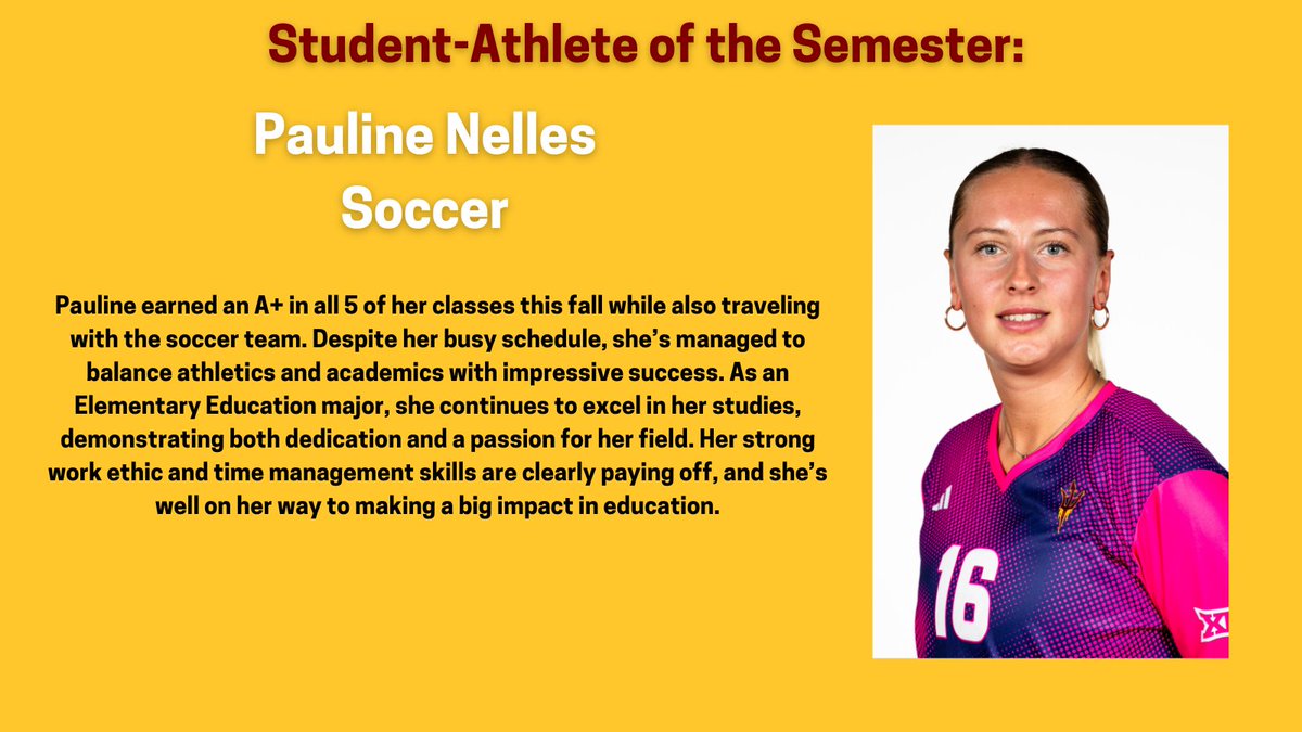 Sun Devil OSAD (@sundevil_osad) on Twitter photo The next student-athlete of the semester we'd like to recognize is our High Achieving Female Student-Athlete of the Semester: Pauline Nelles from <a href="/SunDevilSoccer/">Sun Devil Soccer</a>! You killed it last Fall & we are excited to watch you continue on your journey. Congrats! <a href="/TheSunDevils/">Arizona State Sun Devils</a> #O2V! The next student-athlete of the semester we'd like to recognize is our High Achieving Female Student-Athlete of the Semester: Pauline Nelles from <a href="/SunDevilSoccer/">Sun Devil Soccer</a>! You killed it last Fall & we are excited to watch you continue on your journey. Congrats! <a href="/TheSunDevils/">Arizona State Sun Devils</a> #O2V!