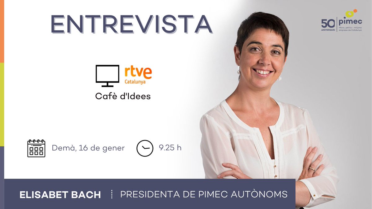 📺 Demà dimarts, a les 09.25 hores, no et perdis l'entrevista de #PIMECAutònoms <a href="/elisabet_bach/">Elisabet Bach</a>, al <a href="/cafedidees_rtve/">Cafè d'idees</a> de <a href="/RTVECatalunya/">RTVE Catalunya</a> 

▶️ Segueix-ho en directe i recupera-ho aquí: rtve.es/play/videos/ca…