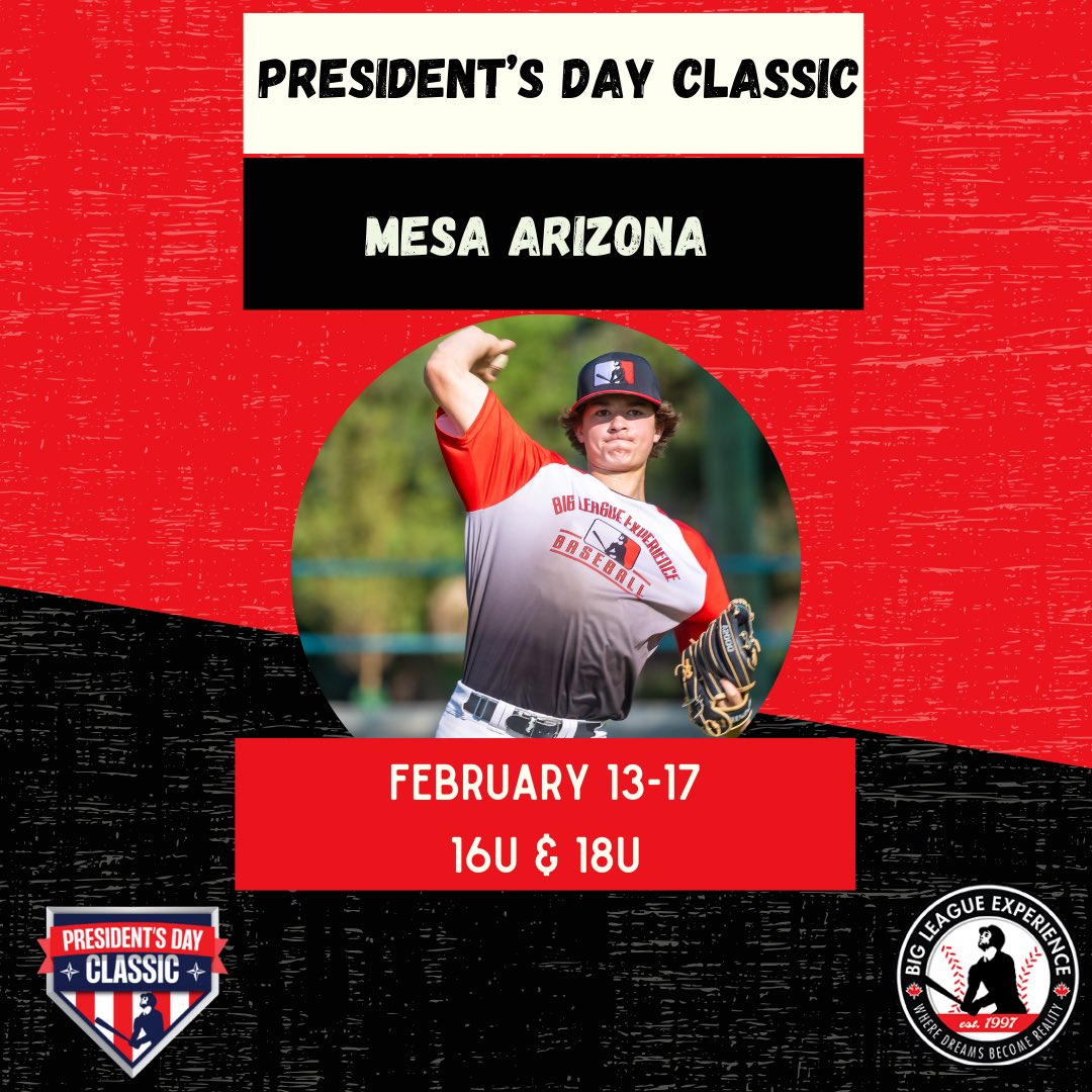 🇨🇦 President’s Day Classic 🇺🇸

Compete in Mesa, AZ, Feb 15-17! 

With a  mini training camp Feb 13-14, this is the perfect early season invite to prepare for the year ahead.

Request your invite: mail@bigleagueexperience.com

#bigleagueexperience | #pdc2025