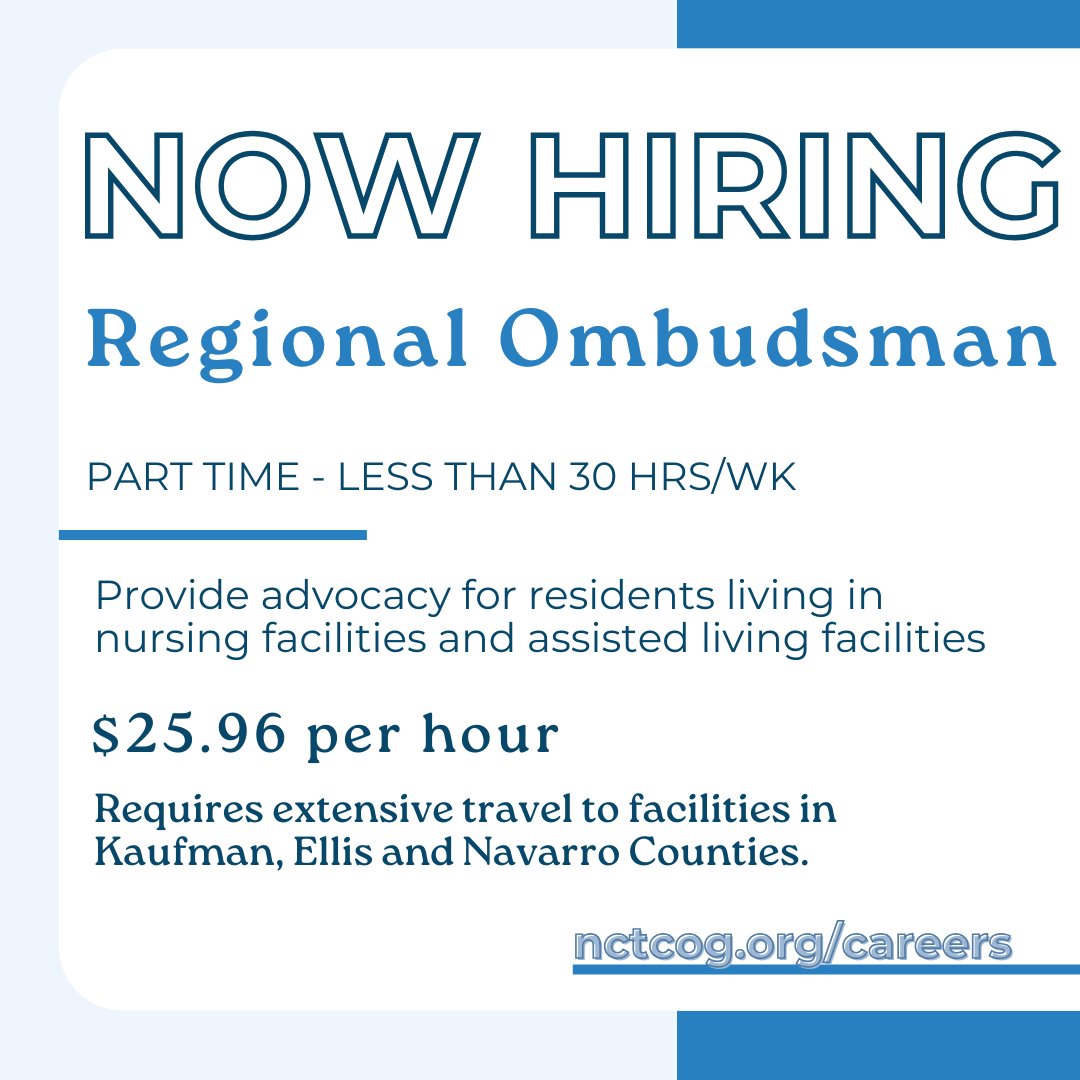 🚨 We're Hiring: Part-Time Regional Ombudsman 🚨

Make a meaningful impact on the lives of residents in nursing and assisted living facilities. 💙

nctcog.hua.hrsmart.com/hr/ats/Posting…

#Ombudsman #AdvocacyCareers #SocialImpactJobs