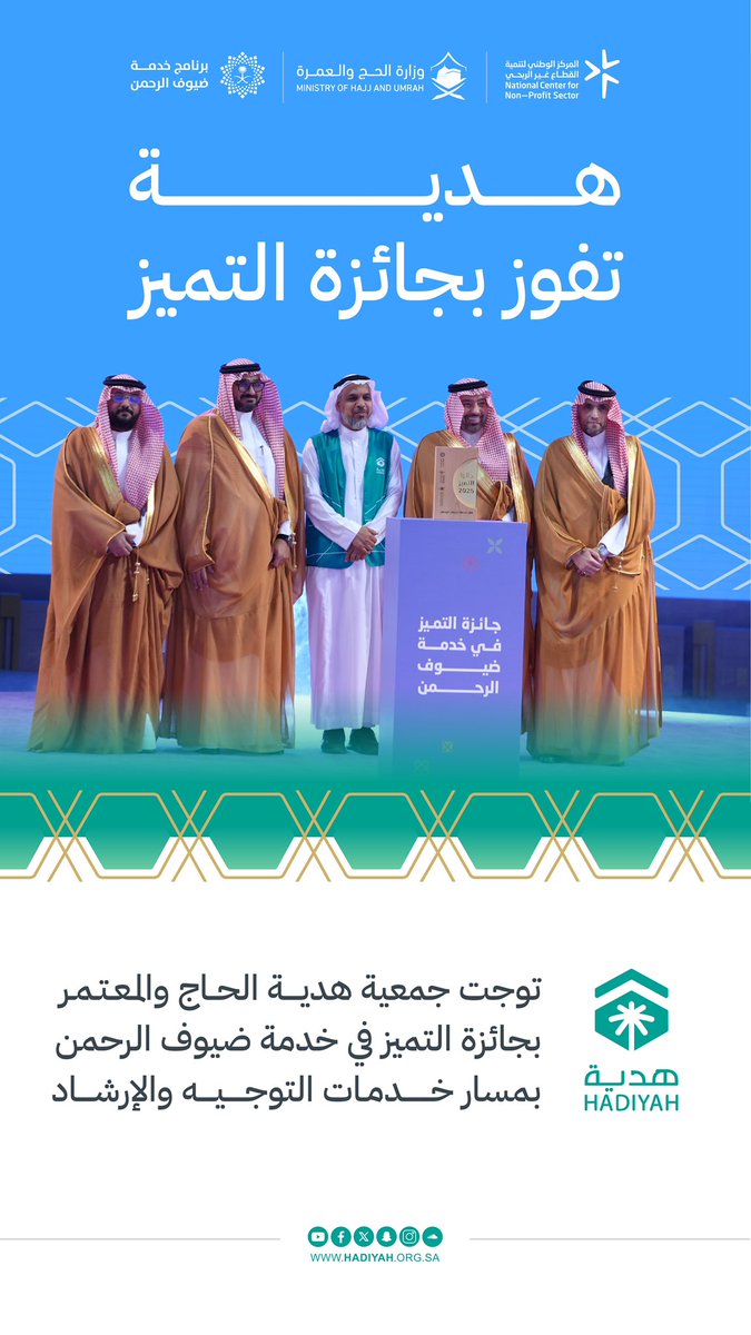 hajigift's tweet image. 🌟| هدية.. تتوج بجائزة التميز في خدمة ضيوف الرحمن

المركز الوطني لتنمية القطاع غير الربحي يتوج جمعية هدية الحاج والمعتمر بجائزة التميز في مسار خدمات التوجيه والإرشاد، تقديراً لجهودها المميزة في خدمة ضيوف الرحمن.