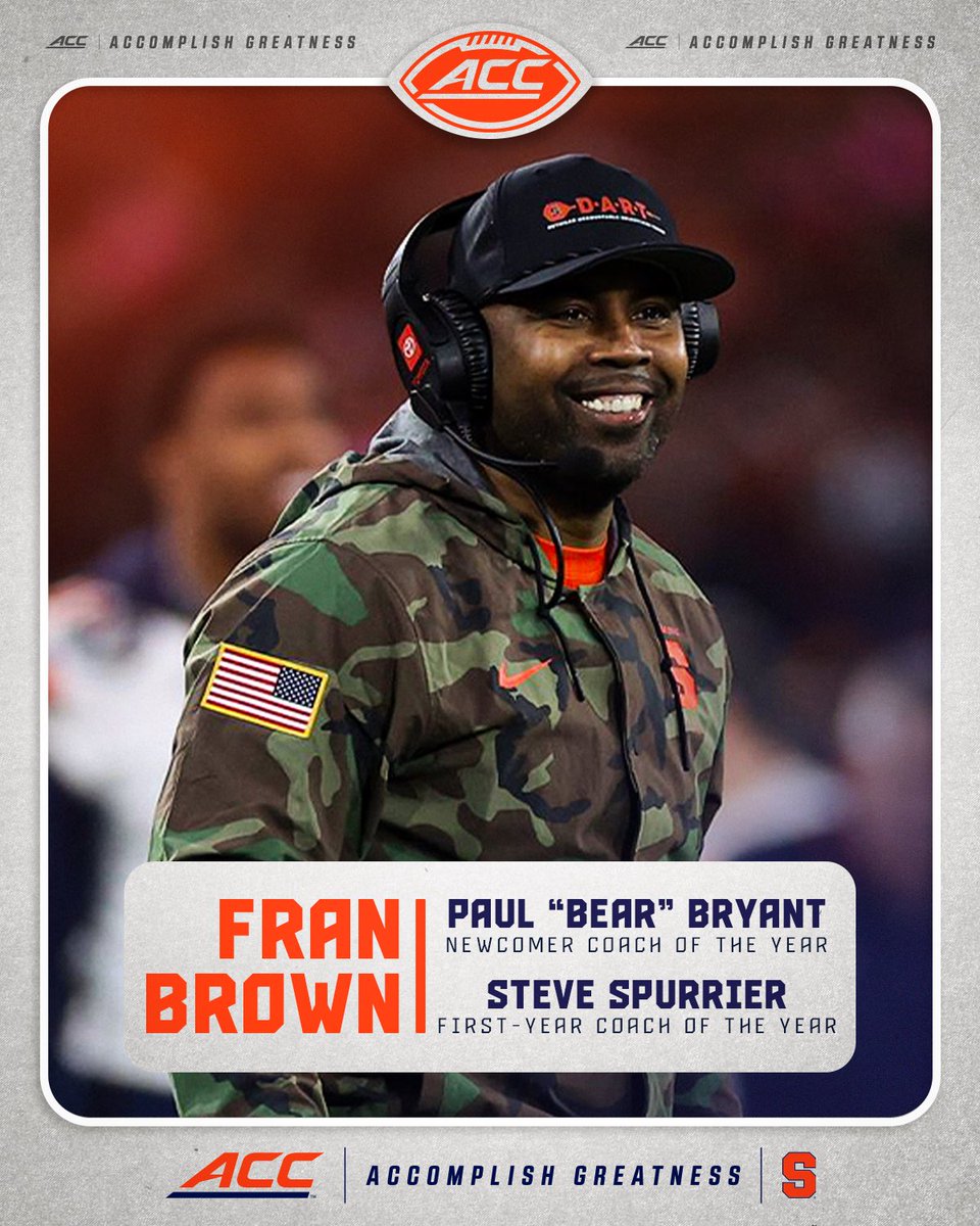 ACC Football (@accfootball) on Twitter photo A wise man once said - WINNERS GET WASHED ๐ฃ๏ธ
Congratulations to <a href="/FranBrownCuse/">Fran Brown</a> on his first-year coaching honors! A wise man once said - WINNERS GET WASHED ๐ฃ๏ธ
Congratulations to <a href="/FranBrownCuse/">Fran Brown</a> on his first-year coaching honors!
