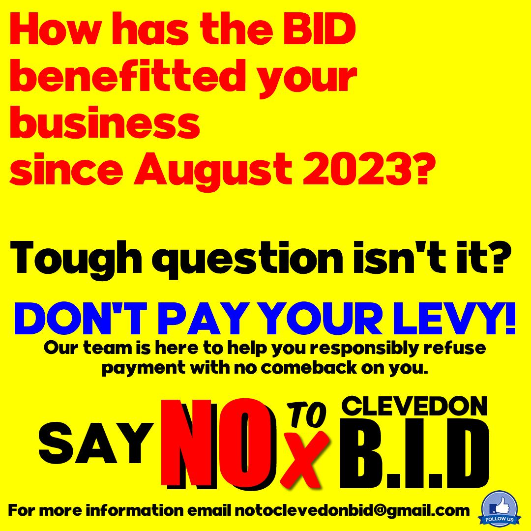 #Clevedon #BusinessImprovementDistrict
If you have had a reminder to pay your Clevedon BID levy - you can refuse!
The Say NO to Clevedon BID campaign team is there to help you fight the Clevedon BID racket!