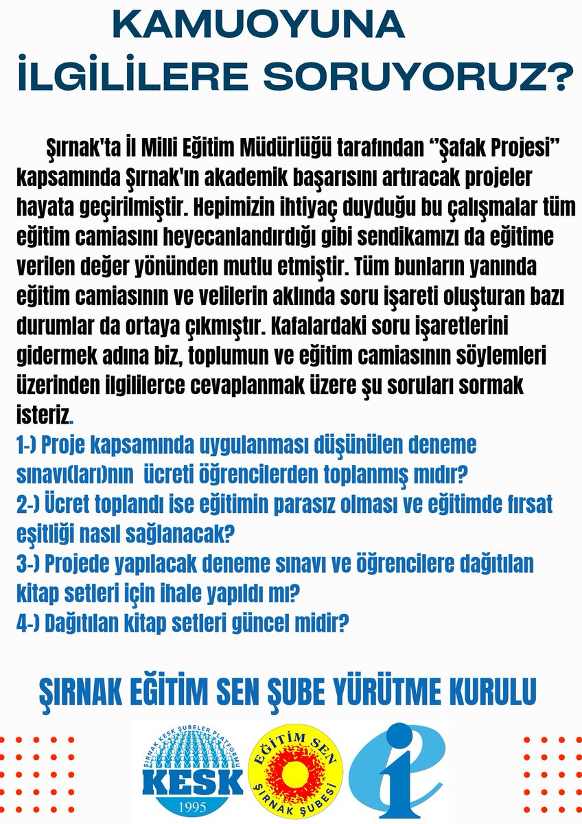 Şırnak'ta okullarda yapılan deneme sınavları ve dağıtılan kitaplar ile ilgili oluşan iddialar için kamuoyu nezdinde soruyoruz. 
⤵️
<a href="/egitimsen/">Eğitim Sen</a> <a href="/egitimsencizre/">Eğitim Sen Cizre</a> <a href="/SirnakValiligi/">T.C. Şırnak Valiliği</a> <a href="/KESK_73/">Şırnak KESK</a> <a href="/KESK1995/">KESK</a> <a href="/zulkufgunesh/">Zülküf Güneş</a>