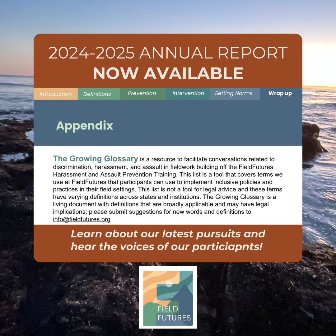 Our Annual Report is LIVE! 
Where we share more about our client demographics, participant responses, and special events. 

We are thankful for our ever-growing community of people working with us on our mission to make fieldwork safe for everyone!
🔗fieldfutures.org/news