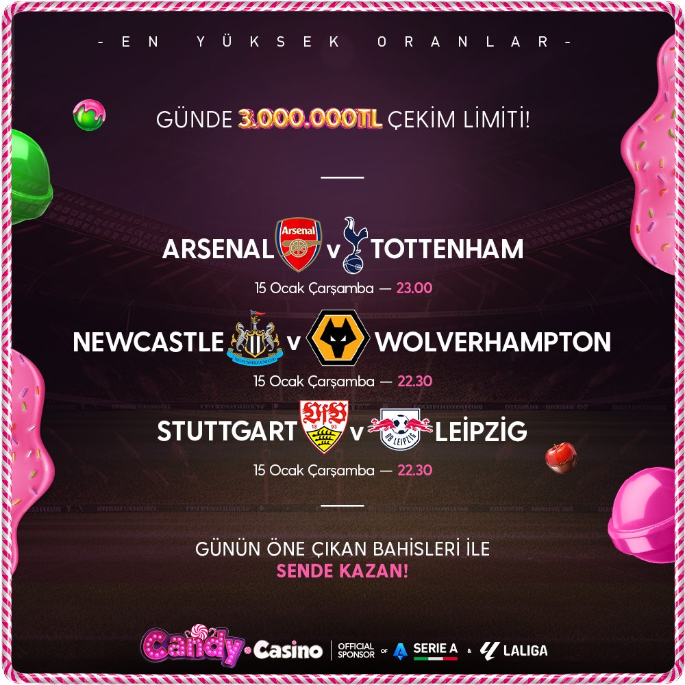 ⚡️ CANDY CASİNO’ DA GÜNÜN MAÇLARI

✅ %10 No Limit Yatırım bonusunu al, limitlere takılmadan maç keyfini yaşa ❕

➡️ 3.000.000 TL günlük çekim imkanı ile kazancınız CandyCasino’ da her zaman güvende 

✔️ Betconstruct Altyapısındaki En Yüksek Oranlar Şimdi CandyCasino’ da