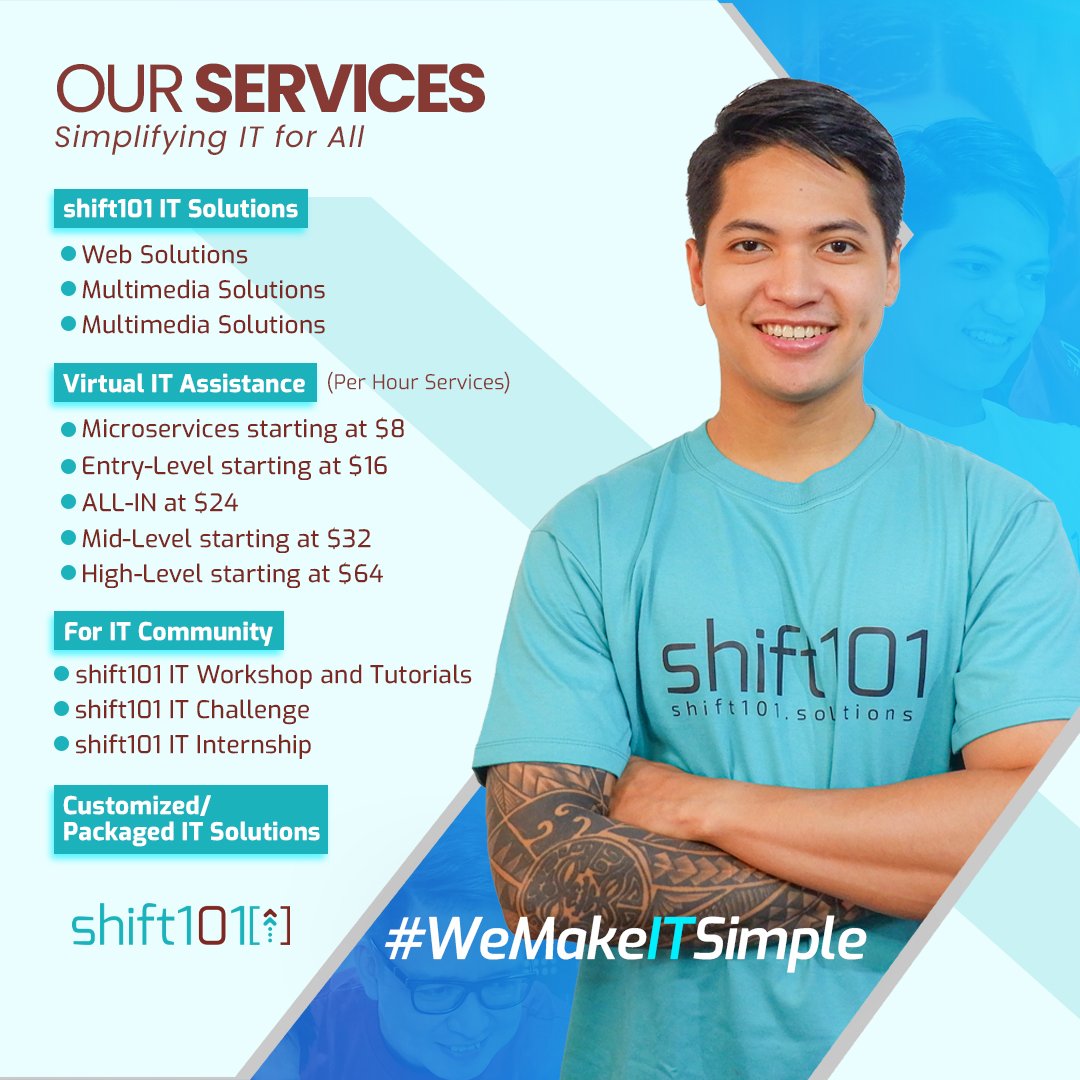 joeyjrmanansala's tweet image. Looking for an IT Solutions and Virtual IT Assistance for your Business? Or IT Tutorial or IT Internship for your School? 

Contact us at @shift101IT! 

#shift101 #WeMakeITSimple #ITSolutions #VirtualAssistance #ITTutorial #ITInternship