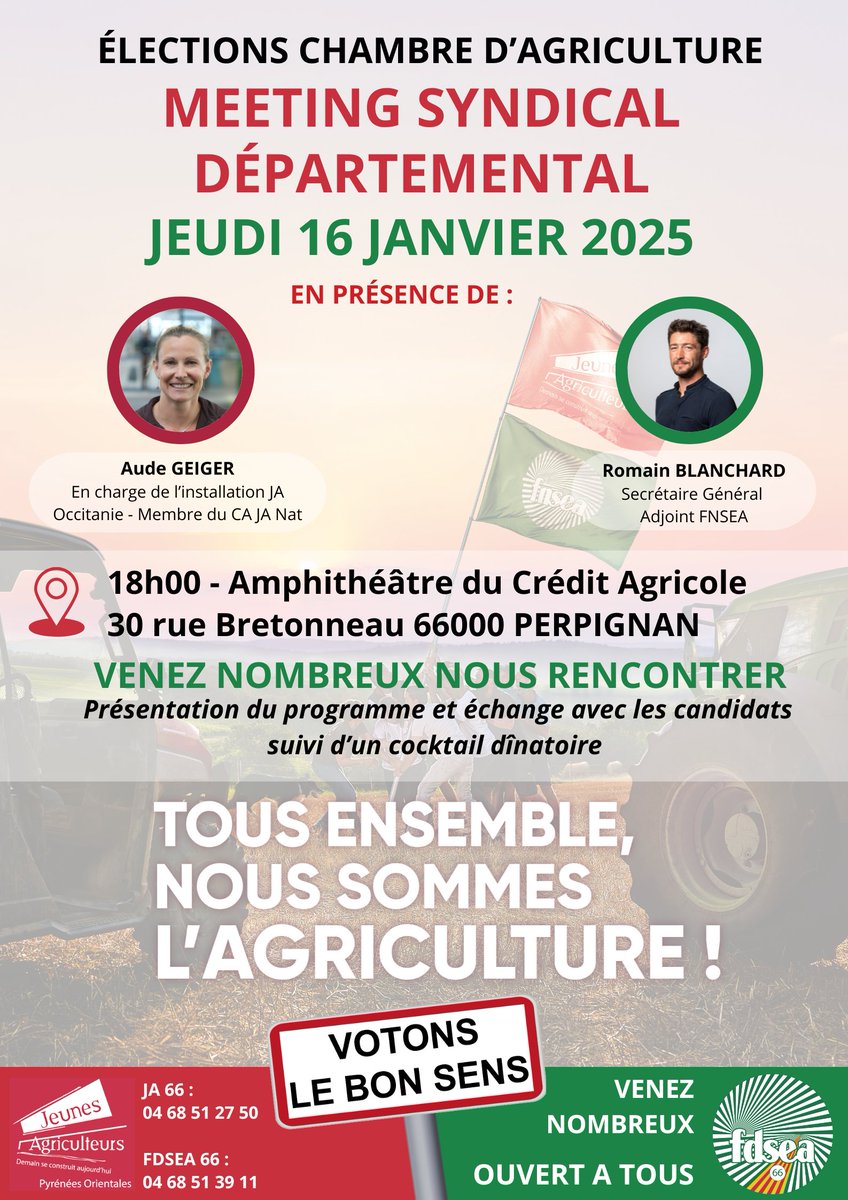 #SAVETHEDATE #ECA2025
📢 Demain, ne manquez pas le Meeting syndical départemental en présence d'Aude Geiger, en charge de l'installation #JAOccitanie, membre du Conseil d'Administration JA Nat et de Romain Blanchard, Secrétaire Général Adjoint de la #FNSEA 🔴🟢
 #VotonsLeBonSens