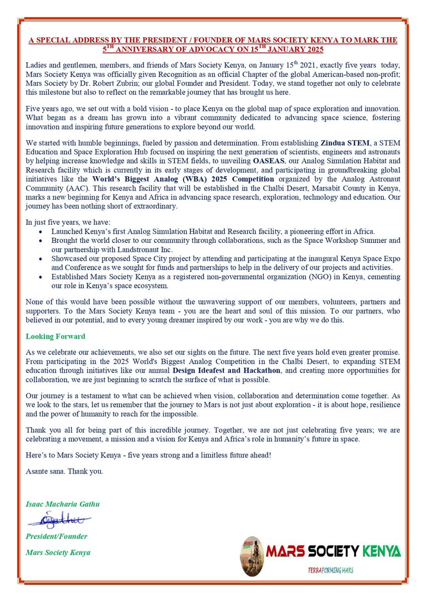 Here’s to <a href="/marssocietyke/">Mars Kenya</a> - five years strong and a limitless future ahead!

Thank you all for being part of this incredible journey. Together, we are celebrating five years as a movement, a mission and a vision for Kenya and Africa’s role in humanity’s future in space.