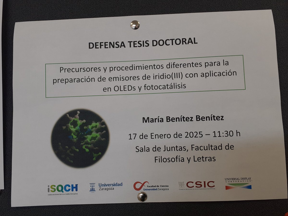 This Friday we begin our parade of doctoral thesis defenses!!! To begin with, María Benítez will defend her thesis entitled “Different precursors and procedures for the preparation of Iridium(III) emitters with application in OLEDs and photocatalysis”