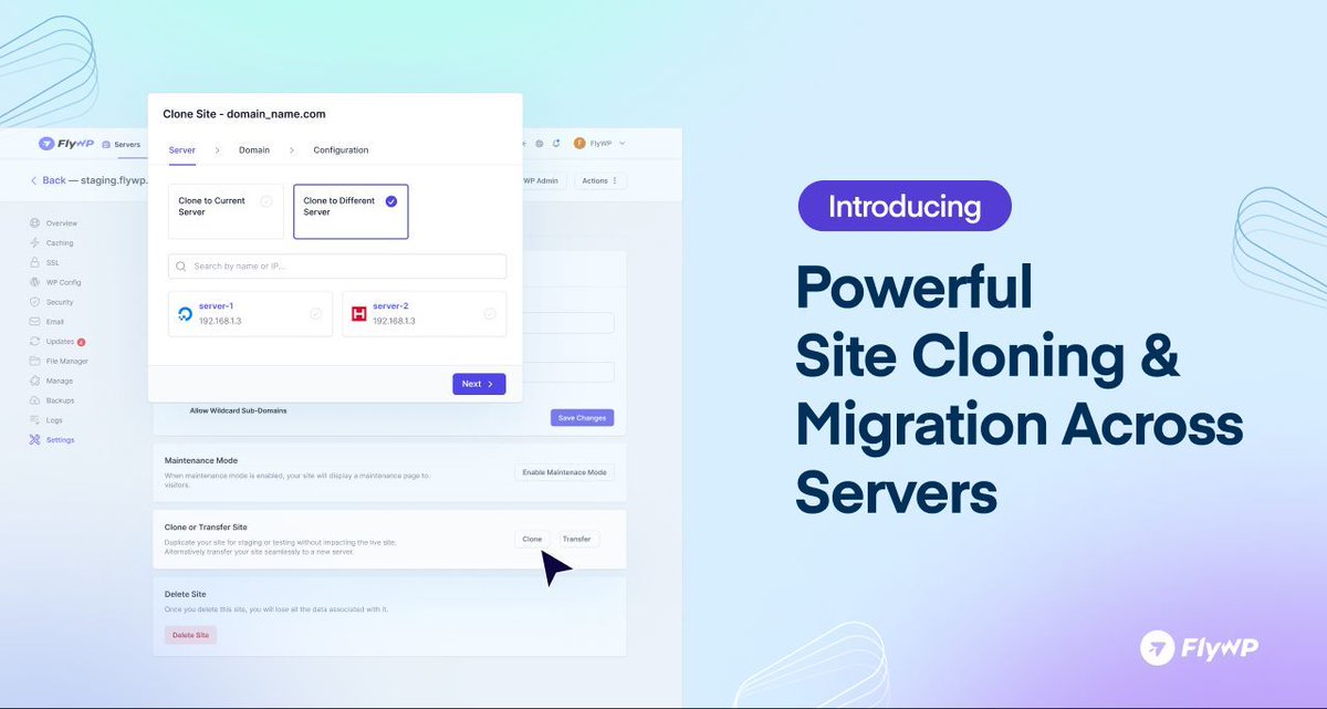 🚀 Big Release: Clone &amp; Transfer Sites Across Your Servers on FlyWP
Explore in detail about this release here 👉 buff.ly/4g4GFHP 

#WordPress #SiteManagement #CloneWebsite #MigrateWebsite #ServerMigration #CloudServers #FlyWP