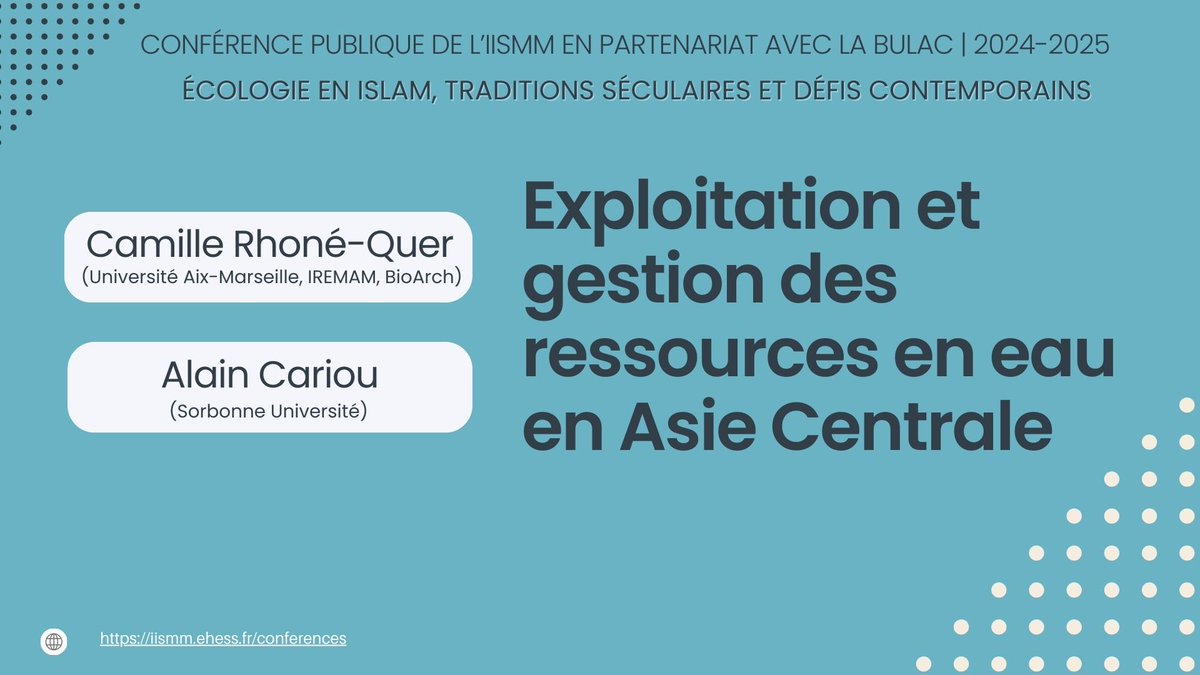 📢 « Exploitation et gestion des ressources en eau en Asie centrale » : prochaine conférence en partenariat avec l'IISMM.
📅 Le 04/02/25 à 18h30 à l'auditorium du Pôle des langues et civilisations. Entrée libre.
👉bulac.fr/node/3224