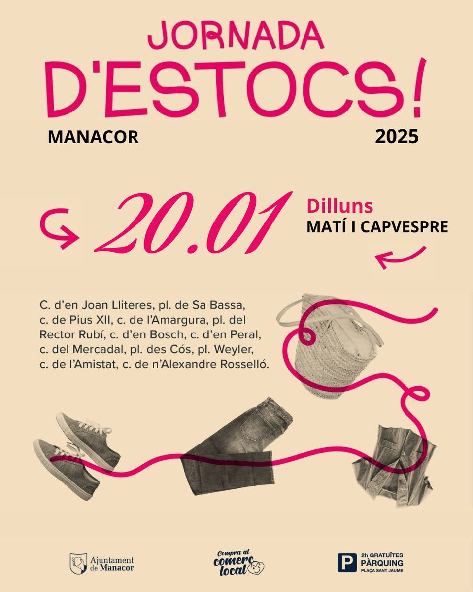 Ajuntament de Manacor (@ajmanacor) on Twitter photo 🛍️✨ Jornada d’Estocs a Manacor! ✨🛍️
Aquest dilluns 20 de gener, aprofita les millors ofertes i descomptes! 🎉👗👞
Ens hi trobam! 🛍️
.
.
.
#ComerçLocal
#FeimPoble 🛍️✨ Jornada d’Estocs a Manacor! ✨🛍️
Aquest dilluns 20 de gener, aprofita les millors ofertes i descomptes! 🎉👗👞
Ens hi trobam! 🛍️
.
.
.
#ComerçLocal
#FeimPoble