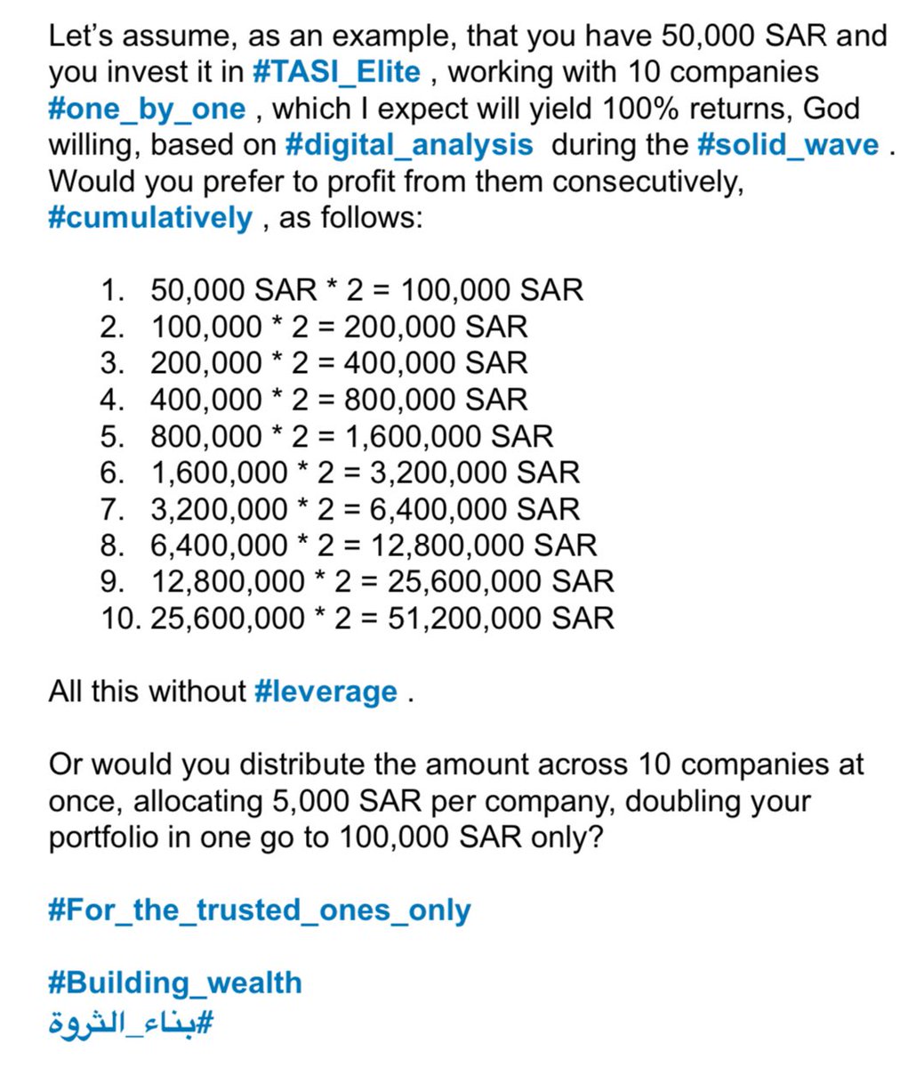 AADARKAA's tweet photo. @NAWAFMSZ والله تستاهل يا أبا محمد العالمية على ما تقوم به من عمل 🙏

Let’s assume, as an example, that you have 50,000 SAR and you invest it in #TASI_Elite , working with 10 companies #one_by_one , which I expect will yield 100% returns,

#الموجة_الصلبة 
#البرنامج_الرقمي 
#الحرية_المالية https://t.co/wWRnhB6CeK