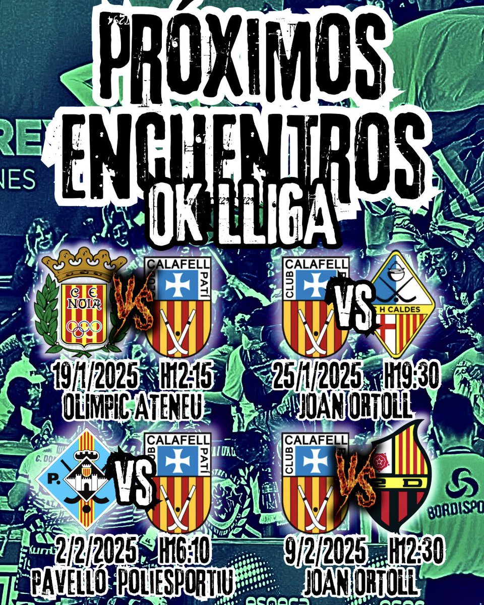 Todo por el escudo !!!

🔴Noia Vs Calafell 19/1/2025 H 12:15

🏠Calafell Vs Caldes 25/1/2025 H 19:30

🔵Vilafranca Vs Calafell 2/2/2025  H 16:10 

🏠Calafell Vs Reus 9/2/2025 H 12:30