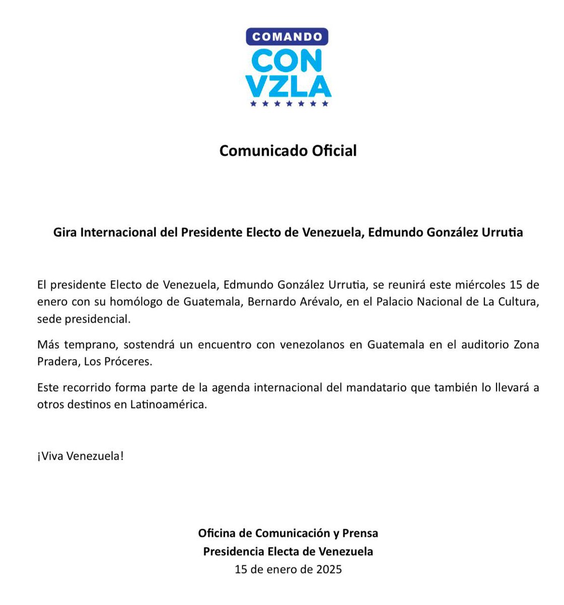 ConVzlaComando's tweet image. ¡Camino a la libertad! 

Nuestro presidente electo, @EdmundoGU, será recibido este miércoles 15 de enero por el presidente de #Guatemala, @BArevalodeLeo.  

¡Atentos, venezolanos en ese país! 

¡Viva la libertad! 🇻🇪