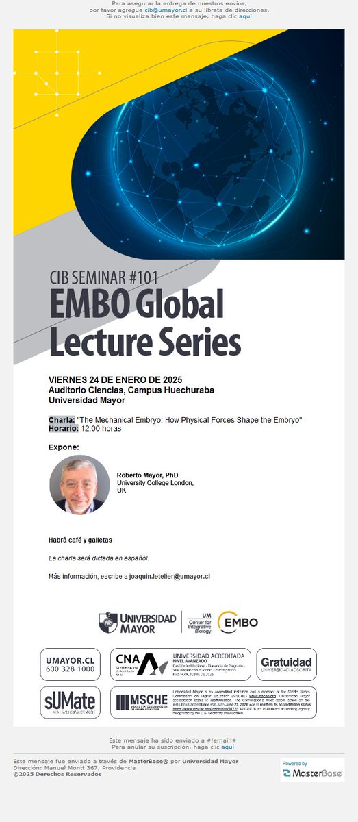 mayor_lab's tweet image. Thrilled to give this talk in Santiago, Chile, as part of the @EMBO Lecture Series! A wonderful chance to reconnect with old friends and forge new connections. Open to all—hope to see you there! 🌎🎙️ #ScienceCommunity #EMBOLectures