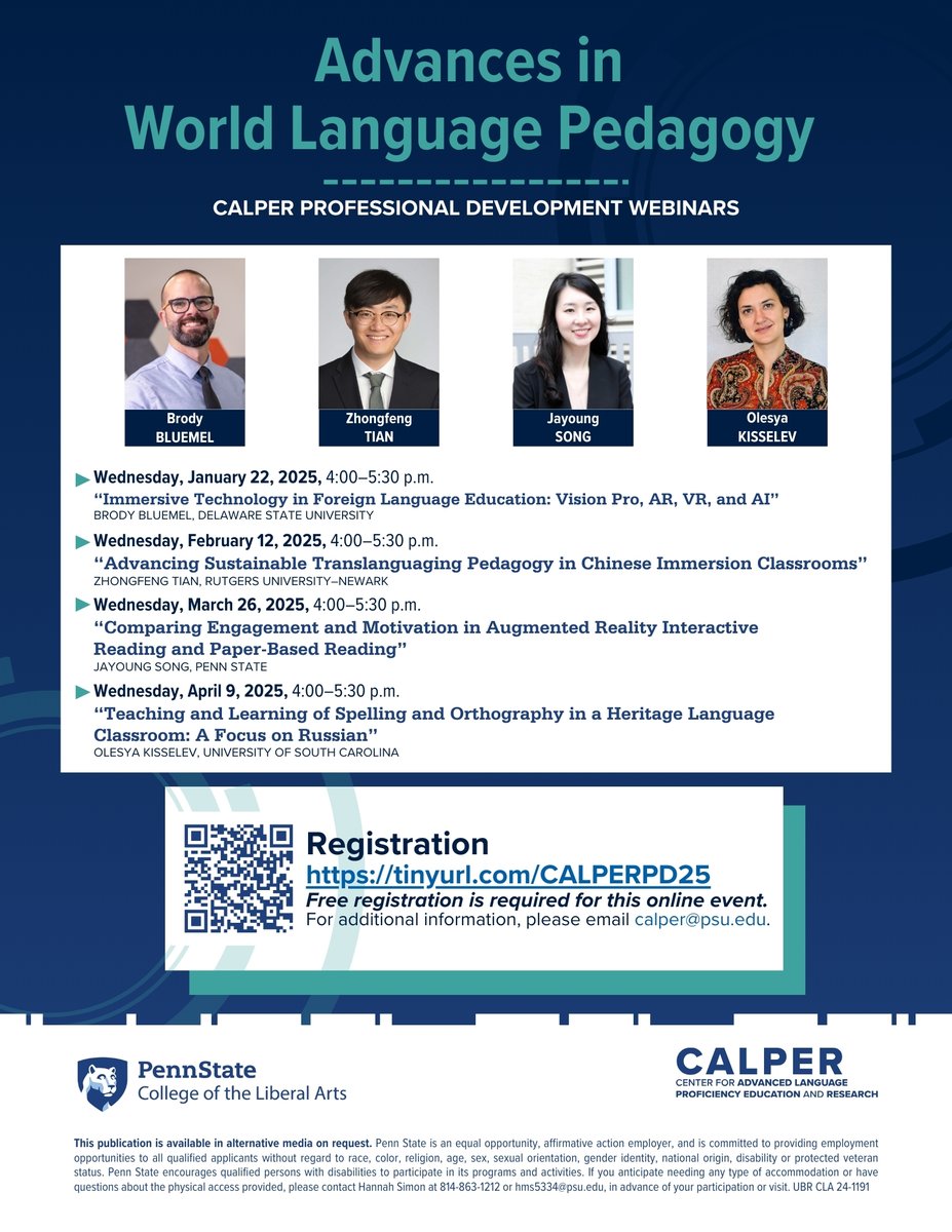 Mark your calendars for this semester's CALPER Professional Development webinars! We kick off next week with "Immersive Technology in Foreign Language Education: Vision Pro, AR, VR, and AI" on Wednesday, January 22, 2025.  Register now: tinyurl.com/CALPERPD25