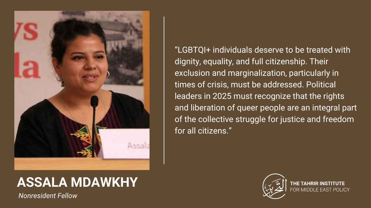 TimepDC's tweet photo. The year 2024 was marked by an intensification of crackdowns on LGBTQI+ individuals and communities across the MENA region.

Nonresident fellow @AMdawkhi highlights the urgency in addressing the exclusion and marginalization of LGBTQI+ individuals, especially in times of crisis. https://t.co/oqlzZETDWt