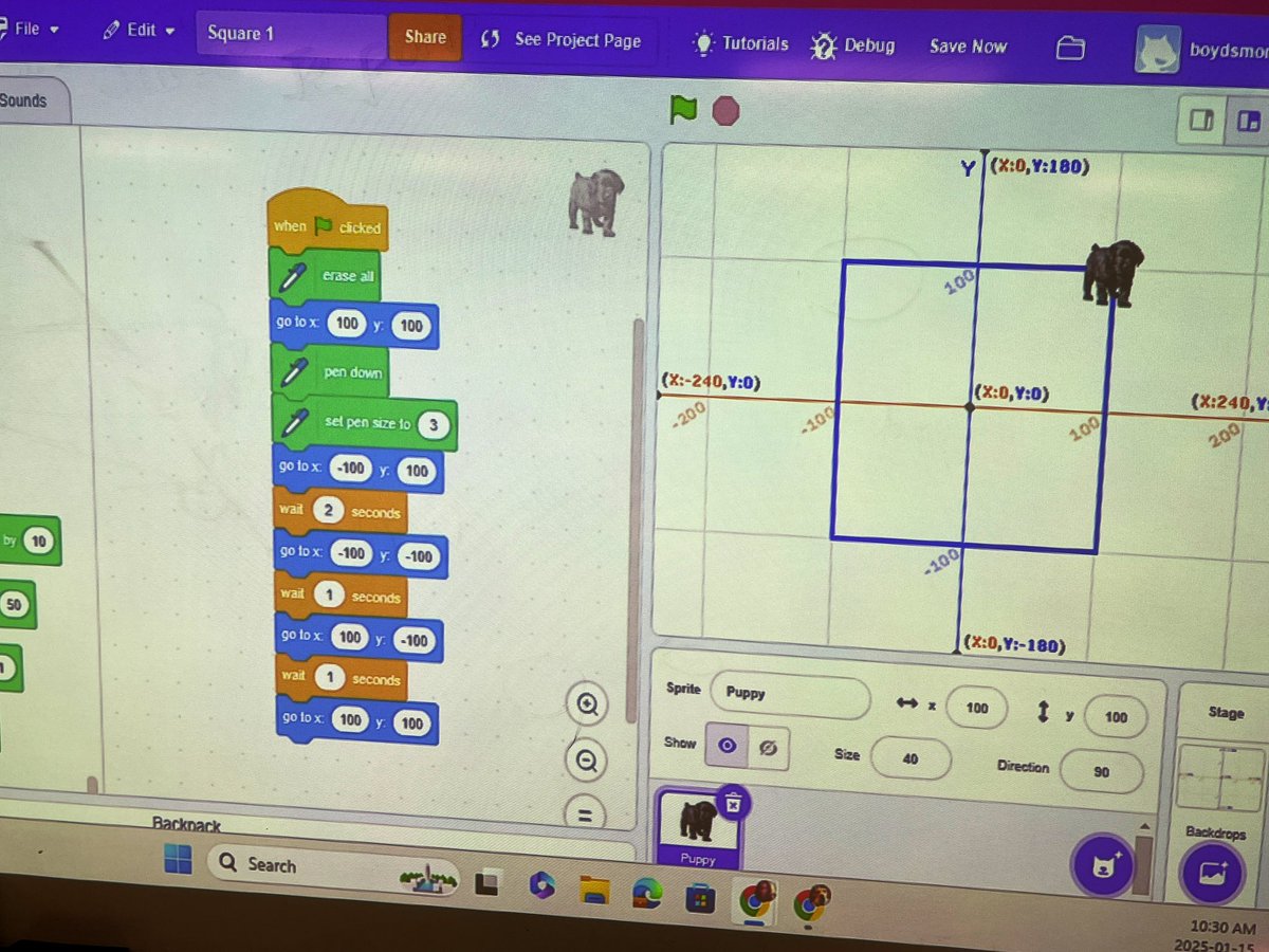 mrs_nesrallah's tweet image. Applying our learning of the coordinate grid system by coding shapes in Scratch. How can I change my code in my square to make a rectangle or a trapezoid? #ocsbmath @StJeromeOCSB #ocsbCodes