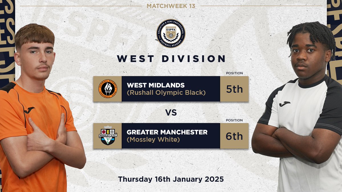 ESPFAcademy's tweet photo. #MatchweekThirteen| Fixture ⚽️

ESPFA West Midlands (@ROFCOfficial Black) v ESPFA Greater Manchester (@MossleyAFC White) https://t.co/1Q7IOB2Wxr