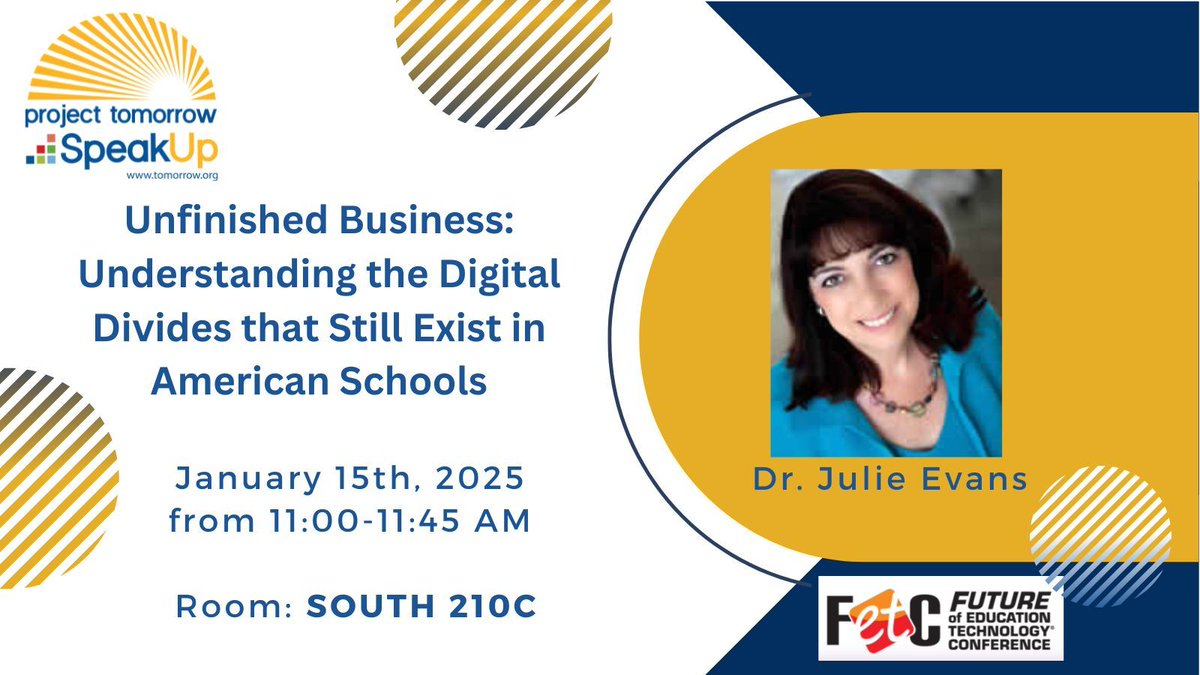 ProjectTomorrow's tweet image. 🌟 Ready to tackle the digital divides in your learning community? 

This #FETC2025 session unpacks key findings from #SpeakUpEd and provides tools to help schools close the gaps in access, design, and use. 

Let’s turn research into action! #EdTechEquity #FutureReady