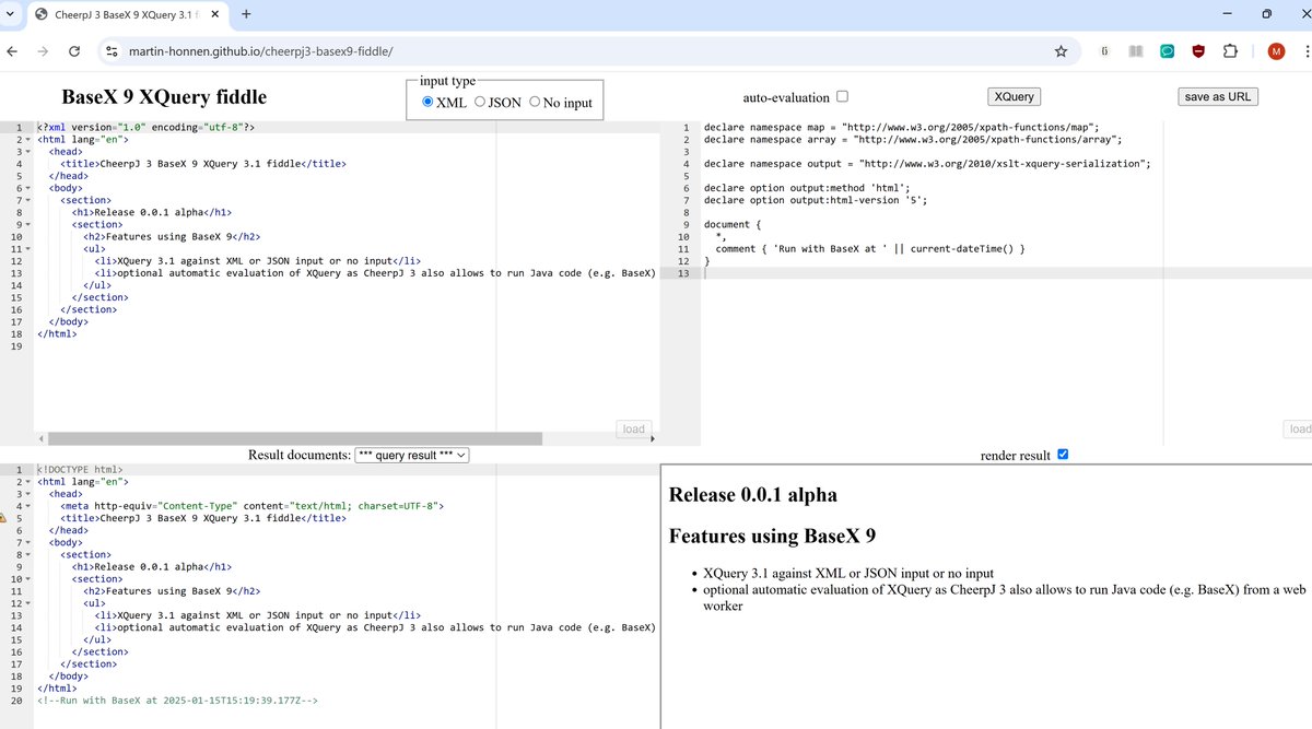 XSLT_knowmad's tweet image. To experiment with Cheerp (3) and #BaseX (only version 9 as the latest to be compatible with Java 8) I have created a prototype of an #XQuery 3.1 browser based fiddle: martin-honnen.github.io/cheerpj3-basex…