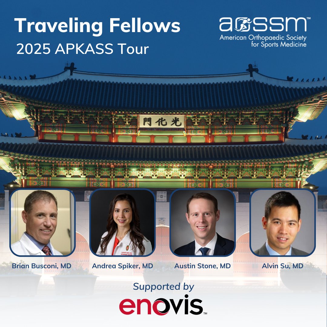 aossm1972's tweet photo. Congratulations to the new class of AOSSM Traveling Fellows, who will embark on a journey across the Asia-Pacific region this fall: 

Brian Busconi, MD
Andrea Spiker, MD
Austin Stone, MD
Alvin Su, MD 

Thank you to @enovismedtech &amp; #APKASS for their continued support. https://t.co/TsT16to0ih