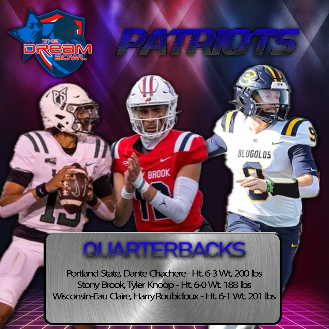 You seen the #DBcrusaders offense! Let's roll out the #DBPatriots offense next! 🔥 
How about some QBs? 🔫
Dante Chachere <a href="/DanteChachere/">Dante’ Chachere</a>
<a href="/psuviksFB/">Portland State Football</a>
Tyler Knoop <a href="/13knoop/">Tyler Drake-Knoop</a>
<a href="/StonyBrookFB/">Stony Brook Football</a>
Harry Roubidoux <a href="/harryroubidoux/">Harry Roubidoux</a>
<a href="/UWECblugolds/">UWEC Athletics</a>
 <a href="/DraftDiamonds/">Draft Diamonds ™️</a> #DreamBig #DreamBowl #play4kay #NFL