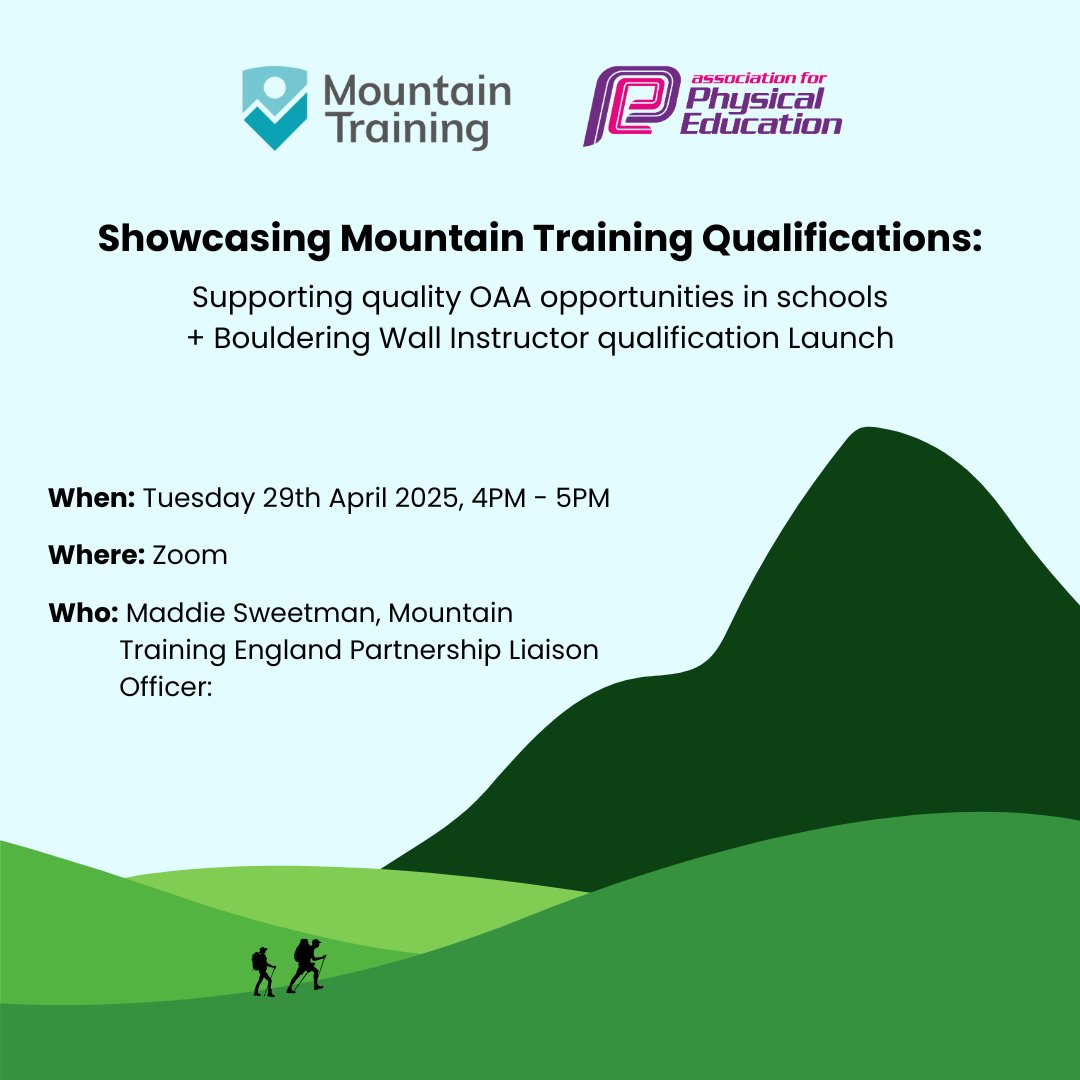 🌟 New Date &amp; Title!

Join us on Tuesday, 29th April 2025, 4-5 PM on Zoom, as Maddie Sweetman (Mountain Training England) shares how their qualifications, including the new Bouldering Wall Instructor, empower educators to deliver adventurous activities like DofE expeditions.