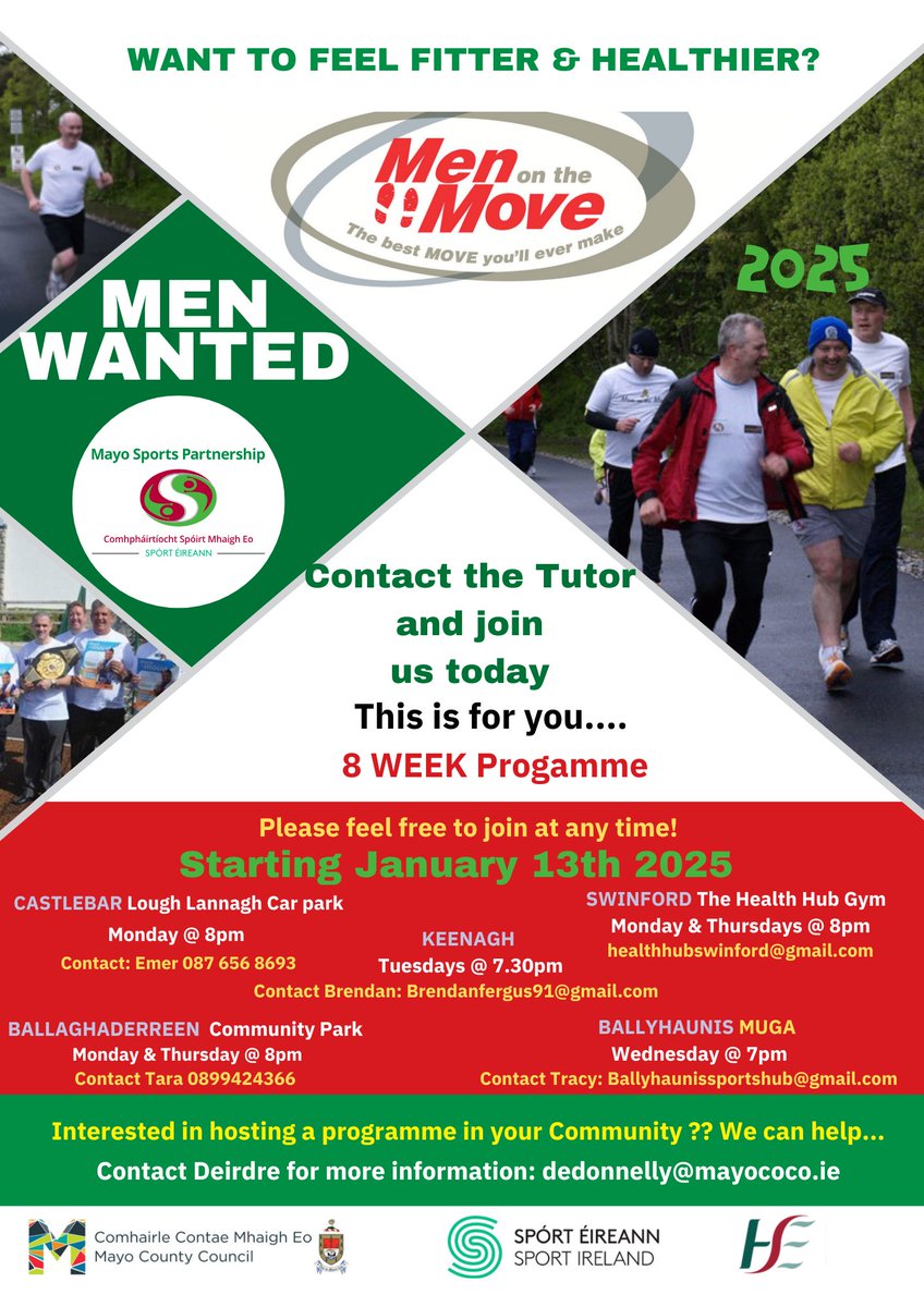 Mayo Sports Pship (@mayosport1) on Twitter photo 🙆♂️Mayo Men on the Move 2025🙍♂️
📅Commencing January 13th.
🌟Now in a number of Locations!!
Simply Contact the listed Tutor on the poster and come along.
Contact Deirdre on dedonnelly@mayococo.ie
.....The best move you will ever make !!!
Followers Sport Ireland 🙆♂️Mayo Men on the Move 2025🙍♂️
📅Commencing January 13th.
🌟Now in a number of Locations!!
Simply Contact the listed Tutor on the poster and come along.
Contact Deirdre on dedonnelly@mayococo.ie
.....The best move you will ever make !!!
Followers Sport Ireland