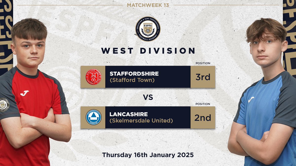 ESPFAcademy's tweet photo. #MatchweekThirteen | Fixture ⚽️

ESPFA Staffordshire (@StaffordTownFC) v ESPFA Lancashire (@Skemutdofficial) https://t.co/UvxoRS4KTK