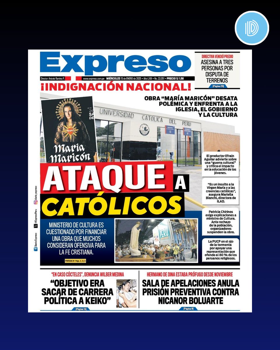 Ilad_media's tweet photo. ##ILADMedia 🎙️| ¡Somos portada! 💥 Medios de prensa hacen eco de la denuncia hecha por ILAD Media sobre obra de teatro que se burla de la fe católica y la figura de la Virgen María. ⛪️
¿Qué opinas?
#PUCP #CCPUCP #progresismo #lgtb #pride #cristianismo #religion #progres #noticias https://t.co/VcBIzp7LY6