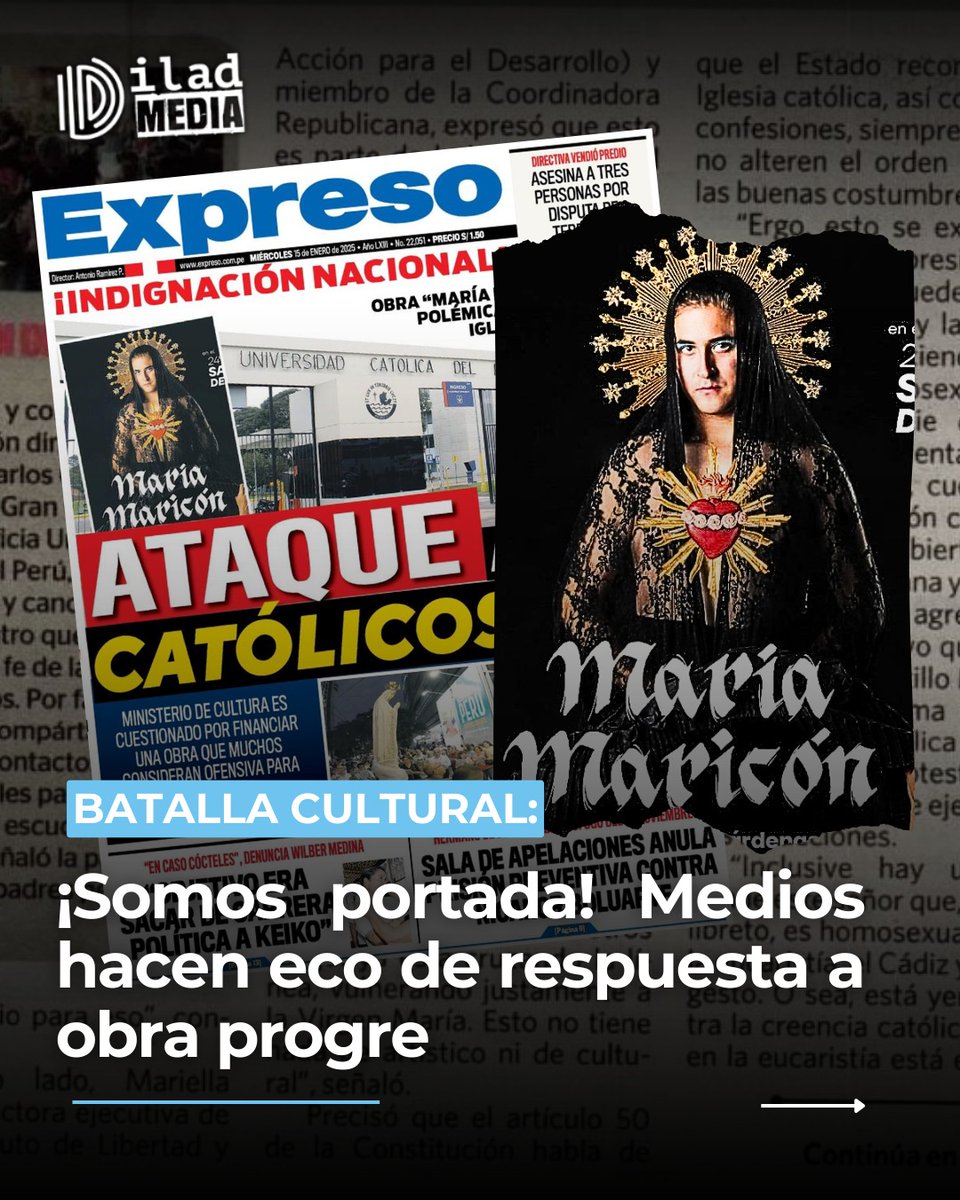 Ilad_media's tweet photo. ##ILADMedia 🎙️| ¡Somos portada! 💥 Medios de prensa hacen eco de la denuncia hecha por ILAD Media sobre obra de teatro que se burla de la fe católica y la figura de la Virgen María. ⛪️
¿Qué opinas?
#PUCP #CCPUCP #progresismo #lgtb #pride #cristianismo #religion #progres #noticias https://t.co/VcBIzp7LY6